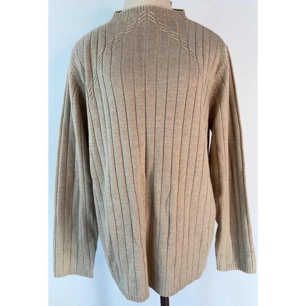 Vintage 90s Liz Claiborne Tan Ribbed Knit Mock Neck Sweater Merino Wool Blend XL
